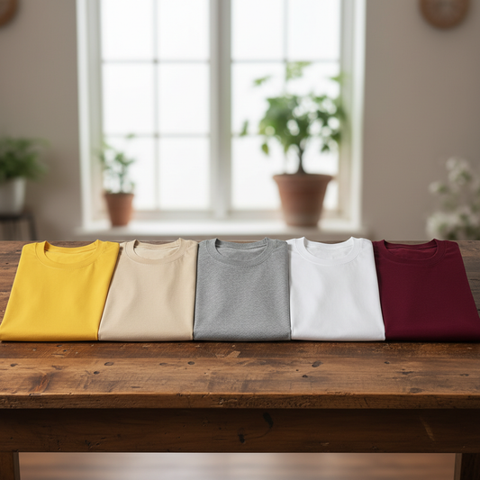 Combo of 5 Heavy Cotton Tshirts - Yellow, Beige, Grey, White, Wine