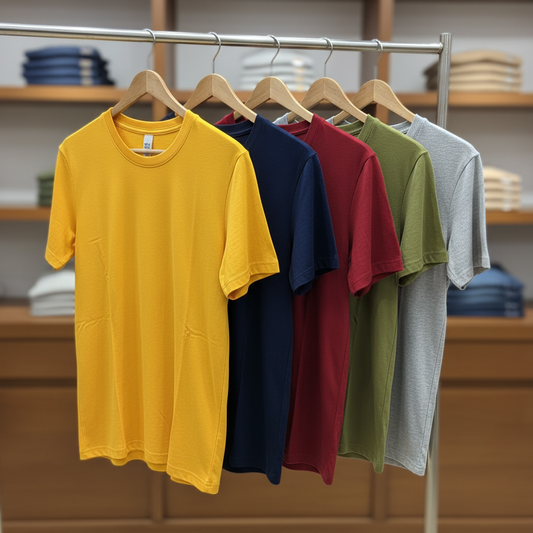 Combo of 5 Heavy Cotton Tshirts - Yellow, Navy, Wine, Pista, Grey