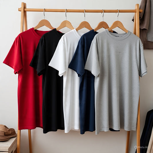 Combo of 5 Heavy Cotton Tshirts - Red, Black, White, Navy, Grey