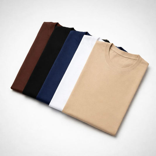 Combo of 5 Heavy Cotton Tshirts - Beige, White, Navy, Black, Brown