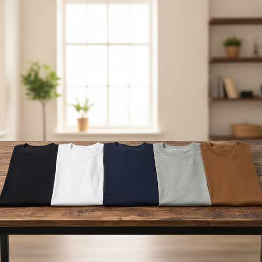 Combo of 5 Heavy Cotton Tshirts - Black, White, Navy, Grey, Tan