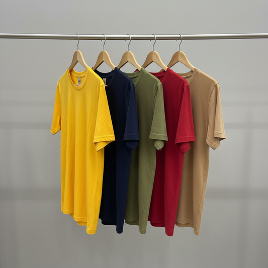 Combo of 5 Heavy Cotton Tshirts - Yellow, Navy, Pista, Red, Beige
