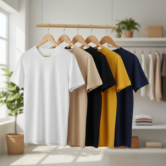 Combo of 5 Heavy Cotton Tshirts - White, Beige, Black, Yellow, Navy