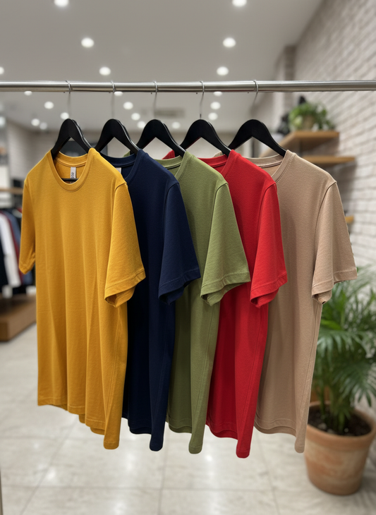 Combo of 5 Heavy Cotton Tshirts - Yellow, Navy, Pista, Red, Beige