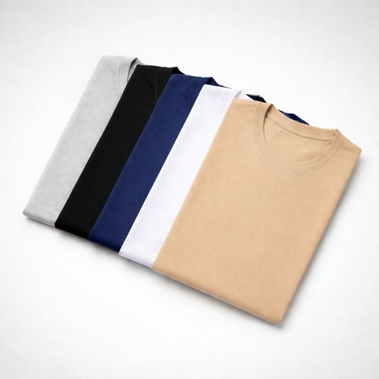 Combo of 5 Heavy Cotton Tshirts - Beige, White, Navy, Black, Grey