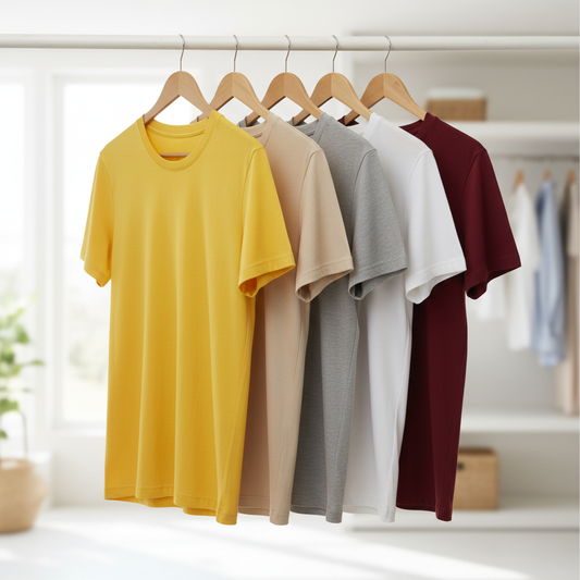 Combo of 5 Heavy Cotton Tshirts - Yellow, Beige, Grey, White, Wine