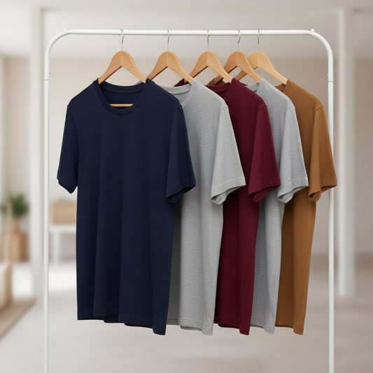 Combo of 5 Heavy Cotton Tshirts - Navy, Grey, Wine, Grey, Tan