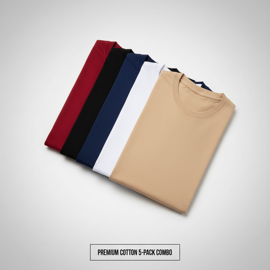 Combo of 5 Heavy Cotton Tshirts - Beige, White, Black, Navy, Red