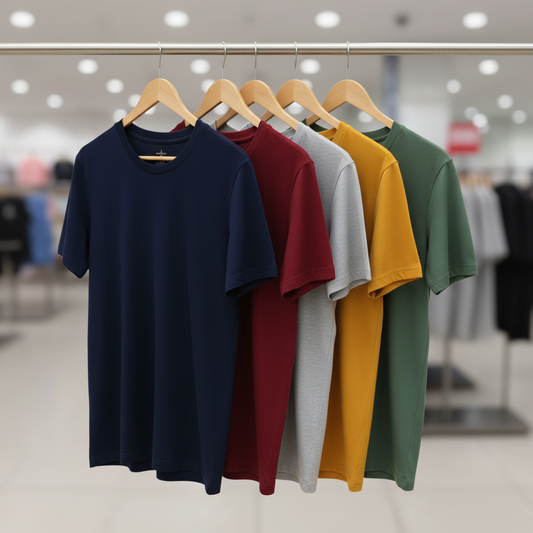Combo of 5 Heavy Cotton Tshirts - Navy, Wine, Grey, Mustard, Pista