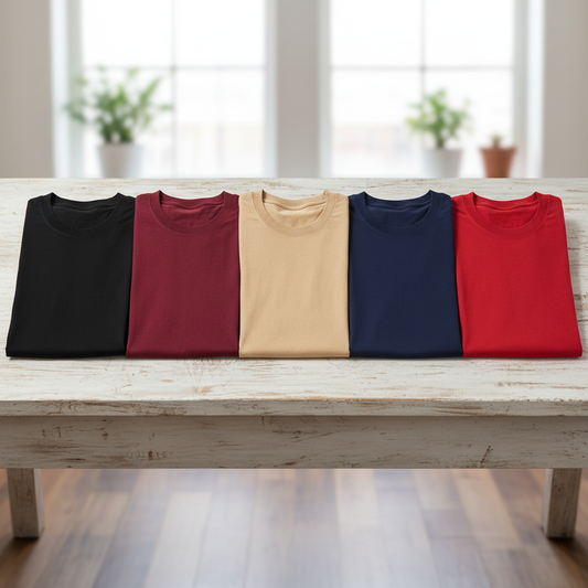 Combo of 5 Heavy Cotton Tshirts - Black, Wine, Beige, Navy, Red