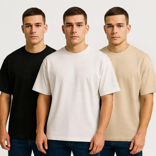 Premium Oversized T-Shirt Combo (Pack of 3) - White, Beige, Black