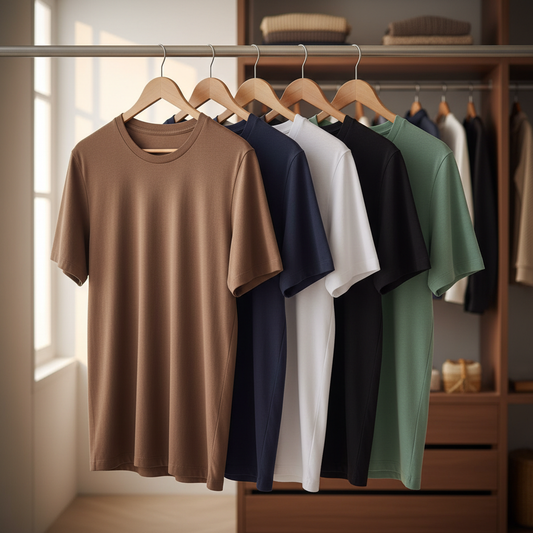 Combo of 5 Heavy Cotton Tshirts - Brown, Navy, White, Black, Pista