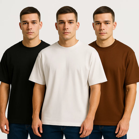 Premium Oversized T-Shirt Combo (Pack of 3) - White, Black, Brown