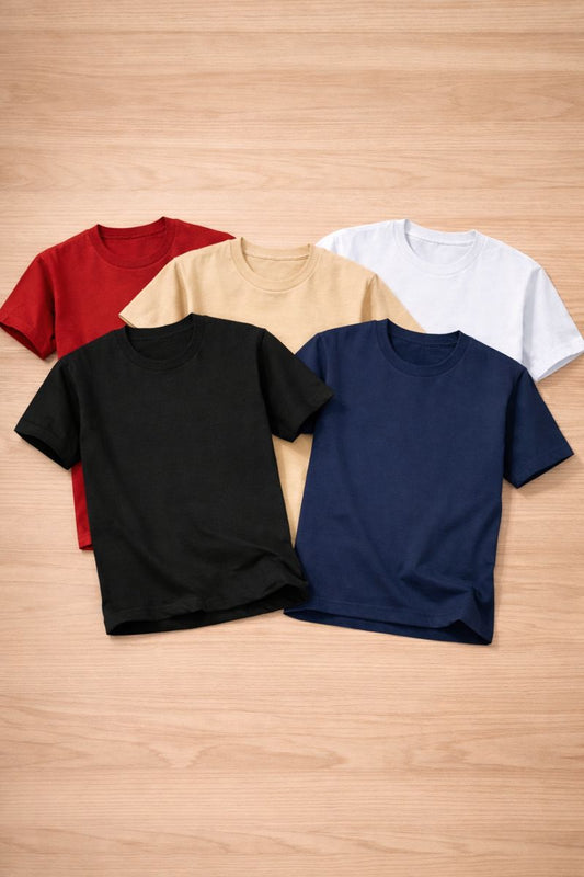 Combo of 5 Heavy Cotton Tshirts - Red, Beige, White, Black, Navy